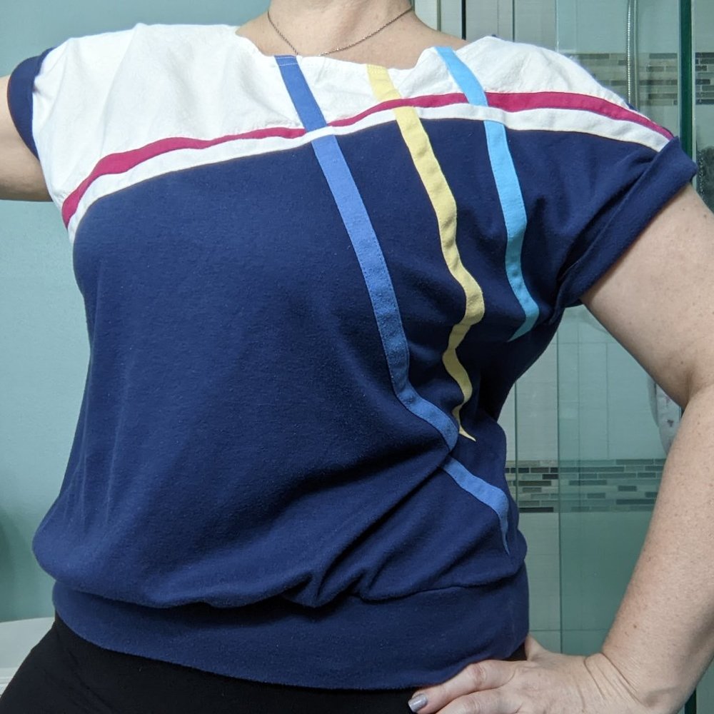 Vintage 80s Cuffed Sleeve Nautical Top - L